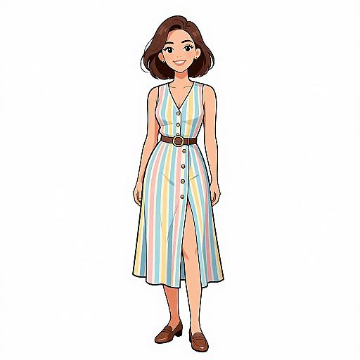 Digital illustration of a smiling woman with short brown hair, wearing a sleeveless, striped dress with a thigh-high slit, brown belt, and brown shoes