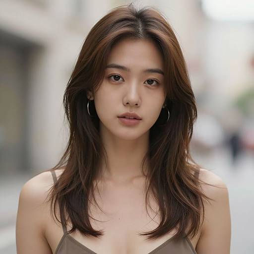 Photograph of an Asian woman with long, dark brown hair, hoop earrings, and a brown spaghetti strap top, standing on a blurred urban street.