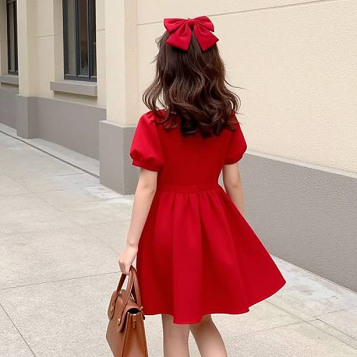Photograph of a woman with wavy brown hair, wearing a red dress and matching bow, carrying a brown handbag, walking on a sunlit