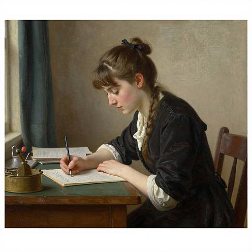 Photorealistic painting of a young woman with fair skin and brown hair in a braid, wearing a black dress, writing in an open book at