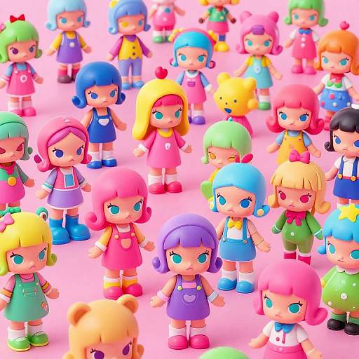 Colorful CGI image of numerous cute, anime-style children with various bright hair colors, clothes, and expressions standing on a pink background.