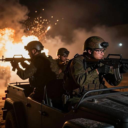 Intense Military Action in Dark Vehicle
