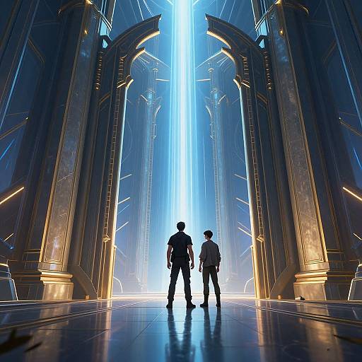 Two silhouetted figures stand in a futuristic, illuminated cathedral-like hall with towering, glowing arches and a bright blue light source.