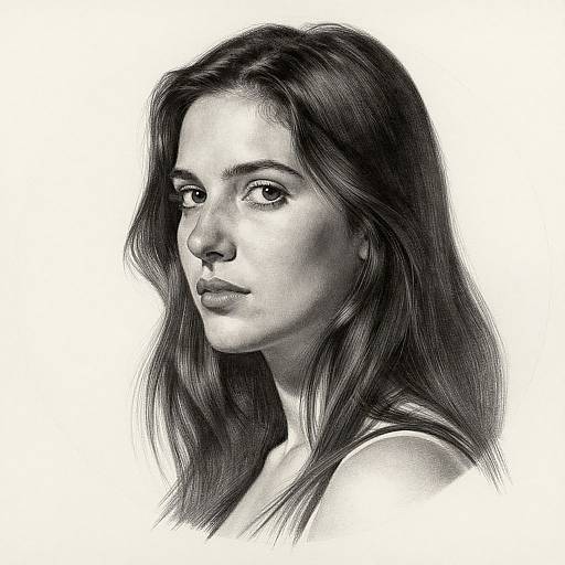 Black-and-white pencil portrait of a young woman with long, wavy hair, gazing to the side, featuring detailed shading and realistic texture.