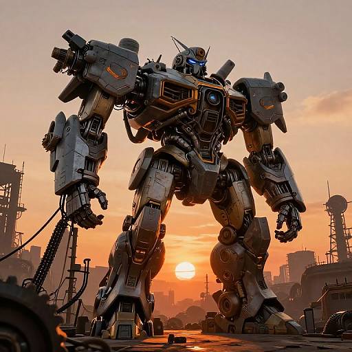 Digital art of a towering, gray robotic mech with glowing blue eyes standing against a vibrant orange sunset in an industrial cityscape.