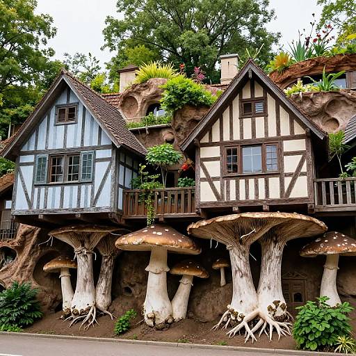 Photograph of a whimsical, fairy-tale cottage with blue and beige timber walls, large mushroom-like structures, and lush greenery on a rocky