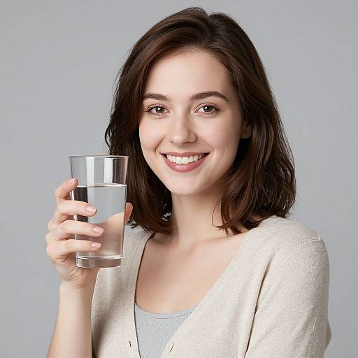 Photograph of a smiling young woman with fair skin and dark brown hair, holding a glass of water in her right hand, wearing a light beige card