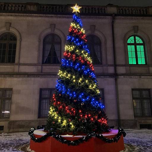 Nighttime Christmas Tree at Stone Building