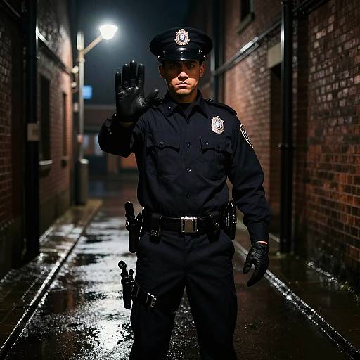Photograph of a serious male police officer in dark uniform, black gloves, hat, and utility belt, standing in a wet alley at night, raising