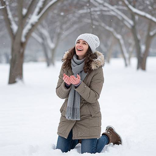 Joyful Woman in Winter Snow