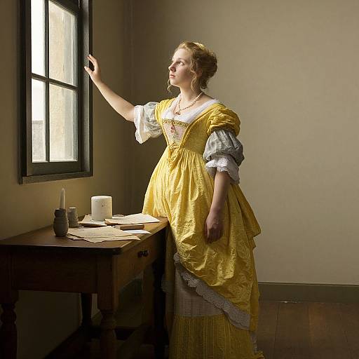 Photograph of a young woman in a yellow 18th-century dress, standing by a sunlit window, hand raised, beside a wooden table with