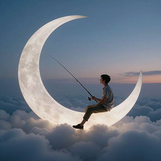 Photograph of a young man with curly hair, wearing a white shirt and brown pants, fishing from a glowing crescent moon amidst fluffy clouds at twilight
