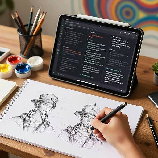 Photograph of a hand drawing detailed black-and-white sketches of two people in a hat on a tablet stand, with art supplies and a colorful background on