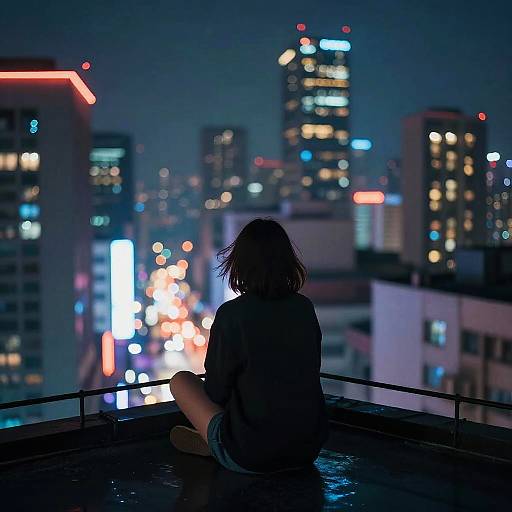 Silhouetted person with messy hair sits on rooftop, gazing at a vibrant, neon-lit cityscape at night. Photograph.