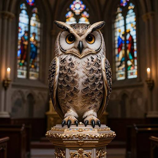 Photograph of a detailed, stylized owl statue with intricate feathers, standing on a gold pedestal in a dimly lit, stained glass window-adorn