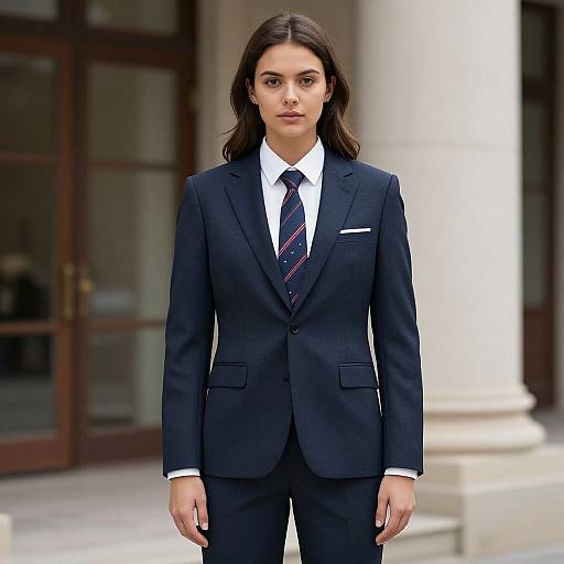 Photograph of a serious, dark-haired woman with medium skin tone, wearing a black suit, white shirt, and striped tie, standing in front of