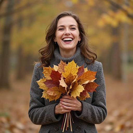 Photograph of a smiling woman with brown hair holding a bouquet of autumn leaves, wearing a gray wool coat, in a forest with yellow and brown foliage