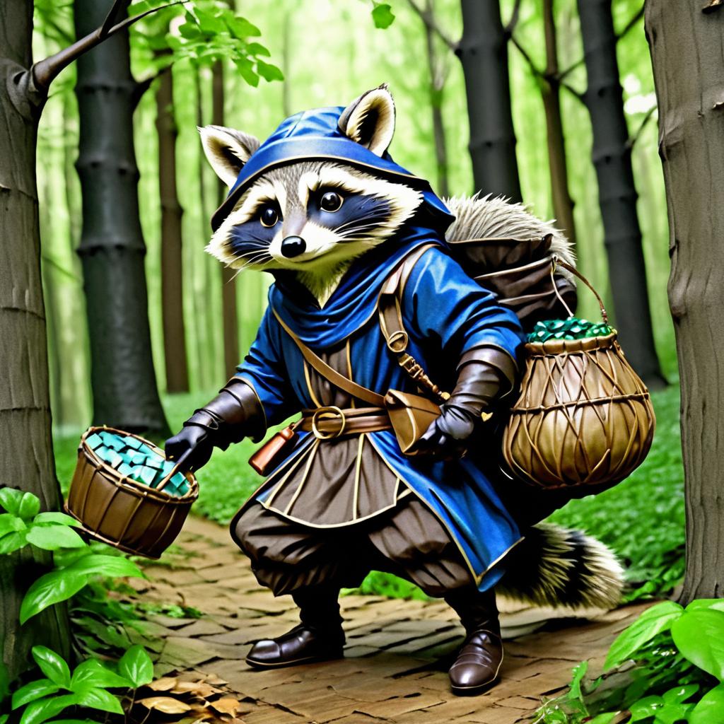 Whimsical Raccoon Thief in Fantasy Forest