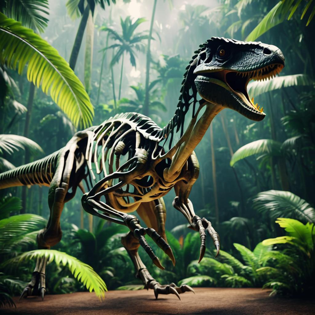 Photorealistic Velociraptor Skeleton in Rainforest