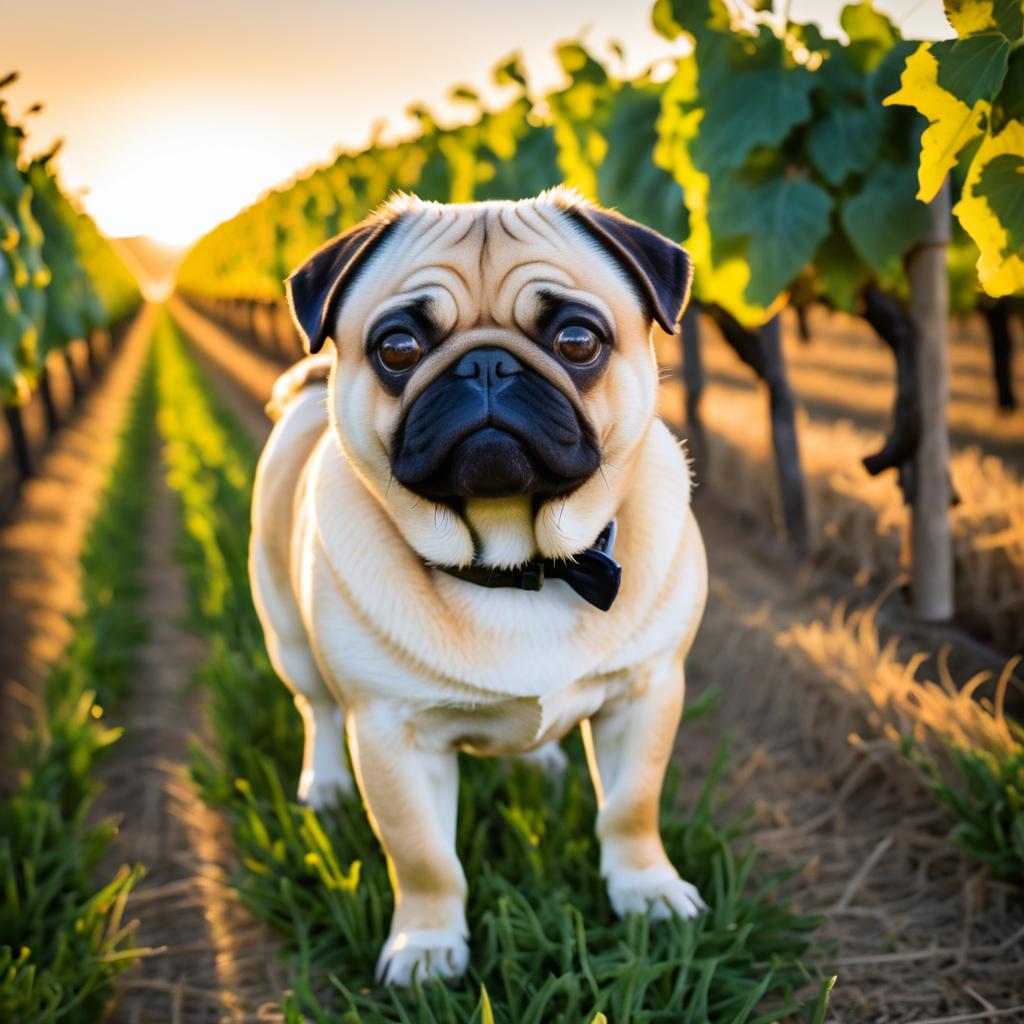 Pug at Sunset in a Vineyard