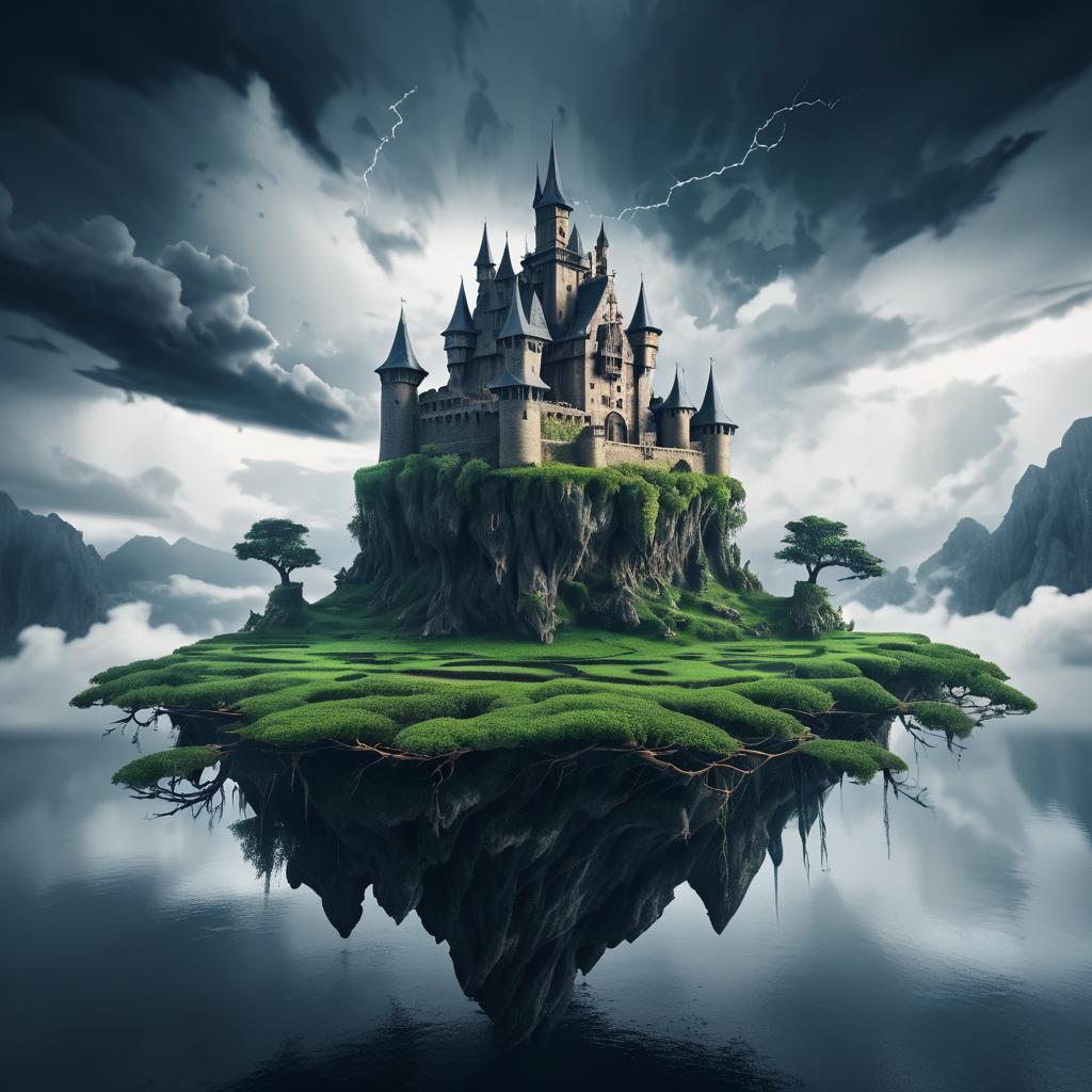 Mystical Castle on a Stormy Floating Island