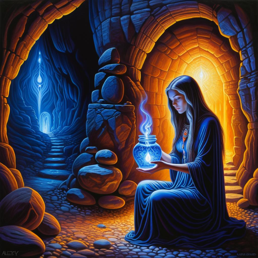 Enigmatic Sorceress Enchants Jar in Cave