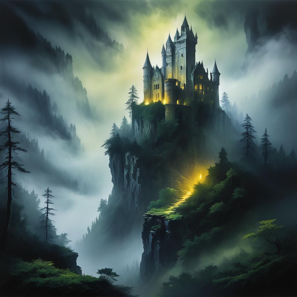 Mysterious Castle in Misty Forest