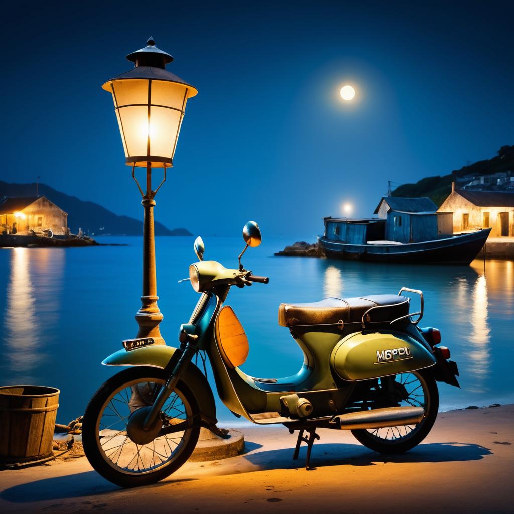 Midnight Nostalgia with Moped and Boat