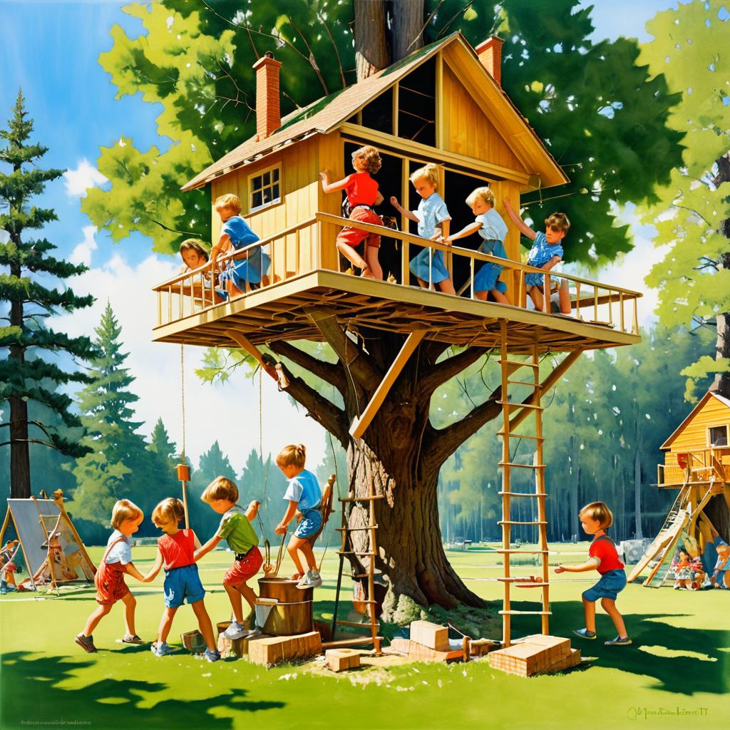 Playful Childhood: Kids Building a Treehouse