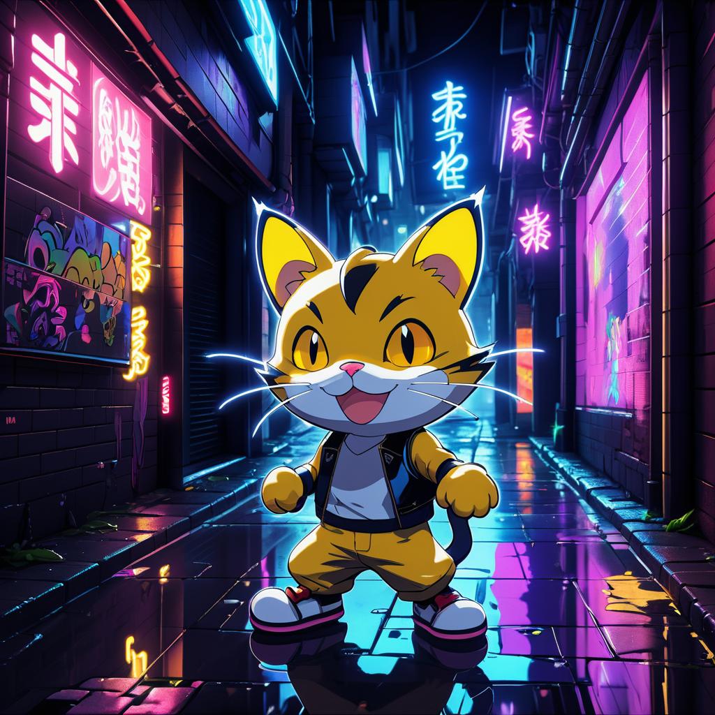 Cyberpunk Meowth in Urban Night Scene