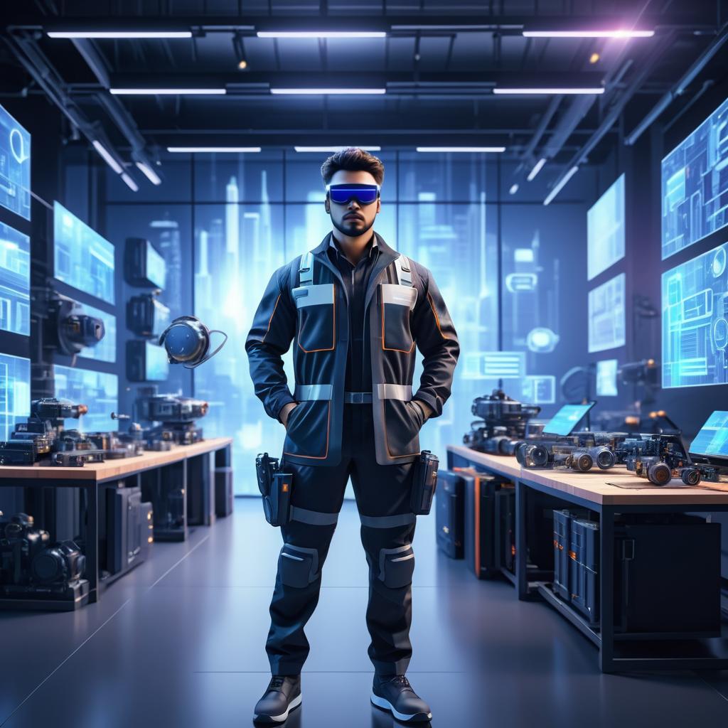 Futuristic Engineer in High-Tech Workshop