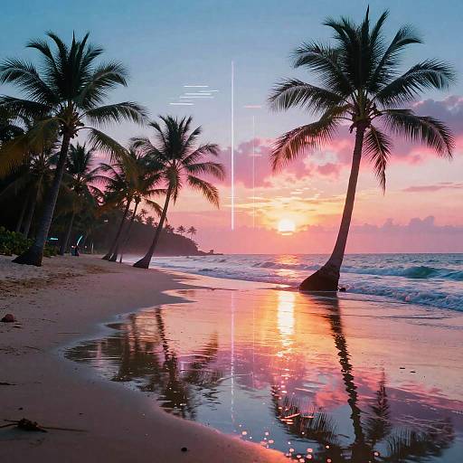 Photograph of a tropical beach at sunset, with silhouetted palm trees, a colorful pink and orange sky, and reflective wet sand.
