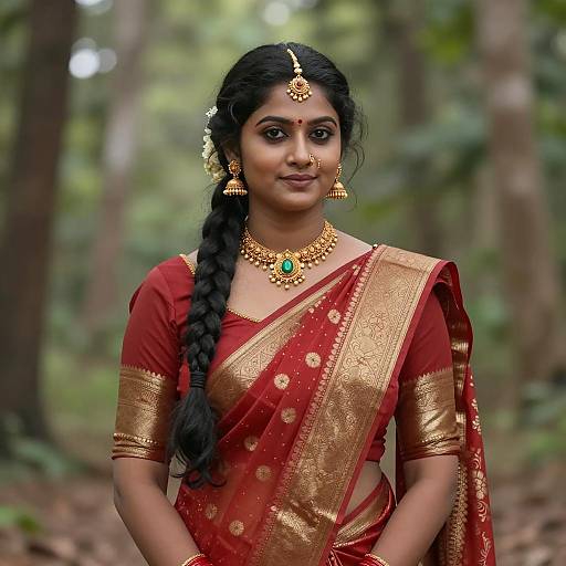 Indian Woman in Traditional Red and Gold Sari