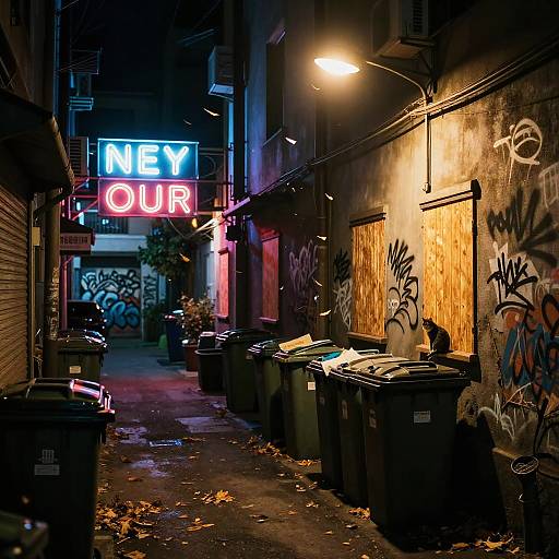 Neon-lit, graffiti-covered alley at night with 