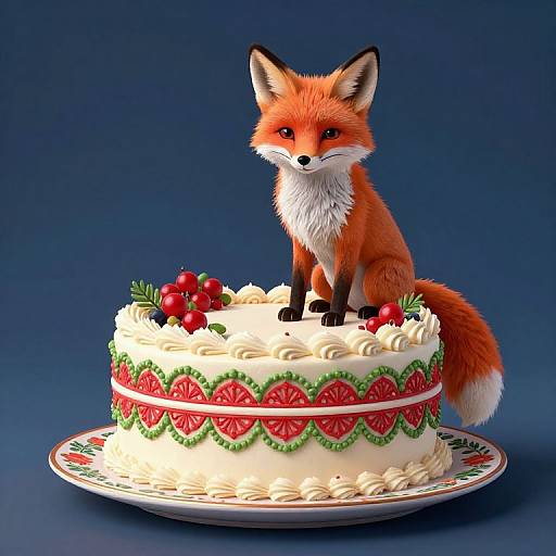 Digital illustration of a cute, red-orange fox with white chest and black-tipped ears and paws, sitting on a festive, strawberry and green-de