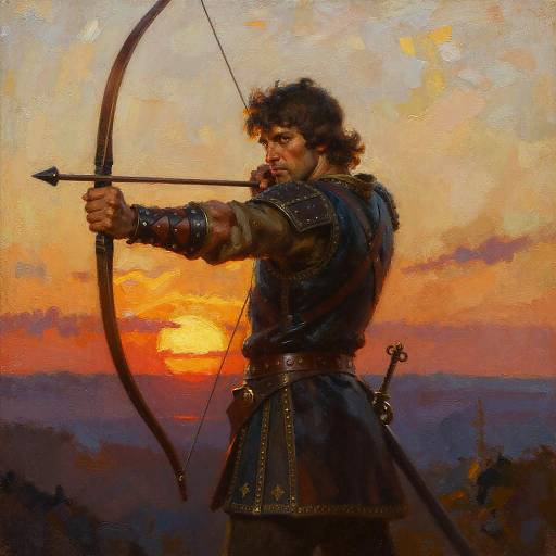Digital painting of a muscular, dark-haired archer in medieval armor, drawing a bow at a vibrant sunset, with a sword on his belt.