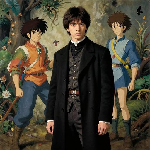 Digital artwork of a serious young man in a black coat, flanked by two anime-style adventurers in forest attire.