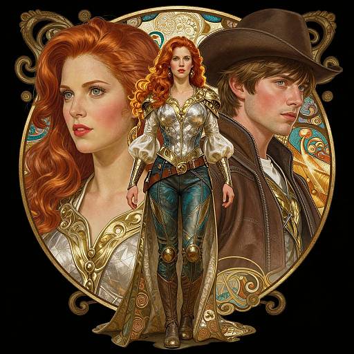Digital artwork of a red-haired woman in a gold-trimmed, medieval-style outfit, standing beside a brown-haired man in a cowboy hat, both