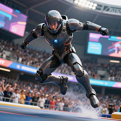 Photograph of a sleek, black Iron Man suit with glowing blue chest light, mid-leap in a brightly lit, crowded stadium.