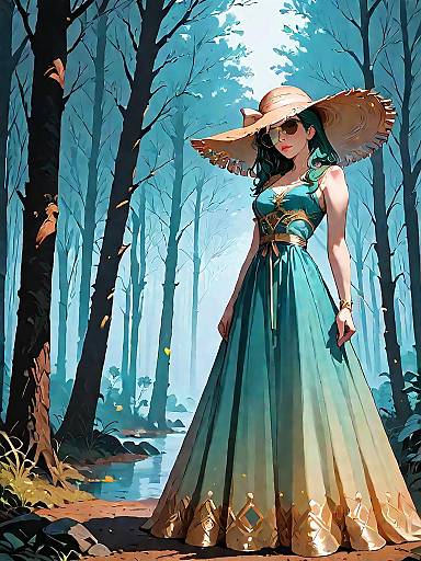 Woman in Emerald Green Dress in Dark Forest