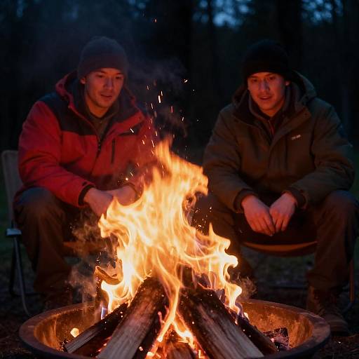 Two Men by a Campfire at Night