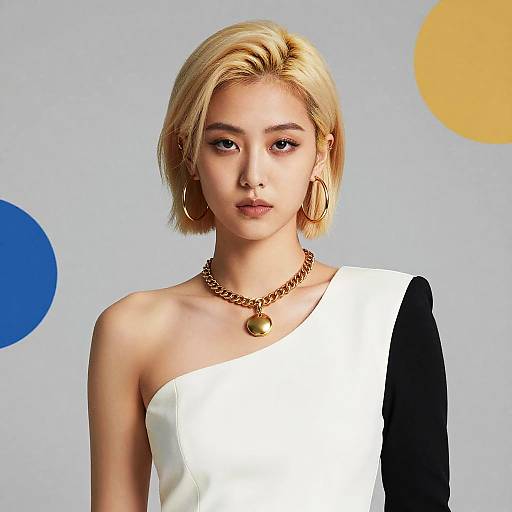 Photograph of an Asian woman with short blonde hair, wearing a one-shoulder white and black dress, gold hoop earrings, and a gold chain