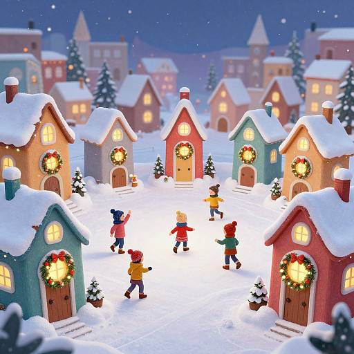 Photograph of a whimsical, snowy village at night with colorful wooden houses, glowing windows, Christmas wreaths, snow-covered roofs, and children ice