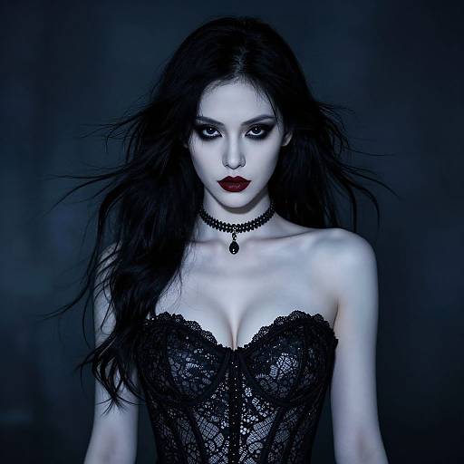 Gothic fashion photograph: Pale-skinned woman with dark red lipstick, black lace corset, long black hair, choker necklace, intense blue