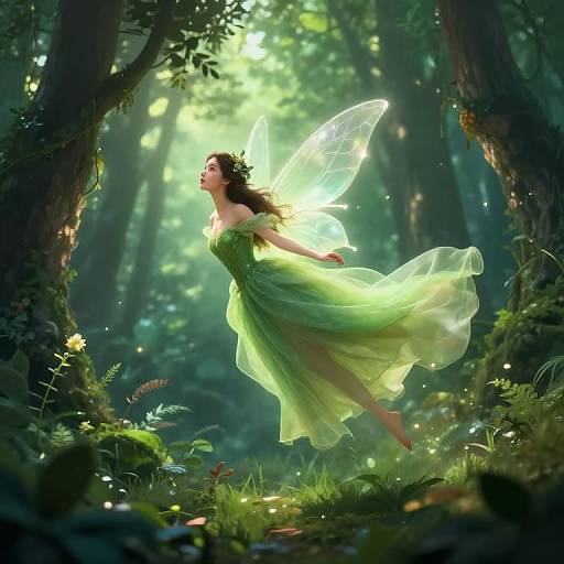 Digital fantasy artwork of a glowing fairy with translucent wings, wearing a flowing green dress, dancing in a sunlit, enchanted forest.