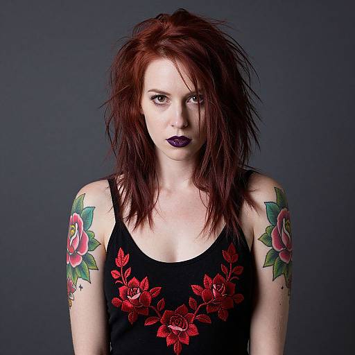 Photograph of a pale-skinned woman with red, messy hair, dark purple lipstick, black floral tank top, and colorful flower tattoos on her arms