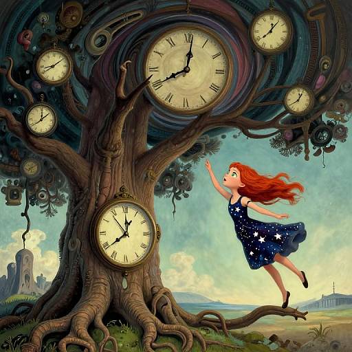 Digital illustration of a red-haired girl in a starry blue dress, reaching for a giant clock tree with multiple clocks. Whimsical, fantasy style