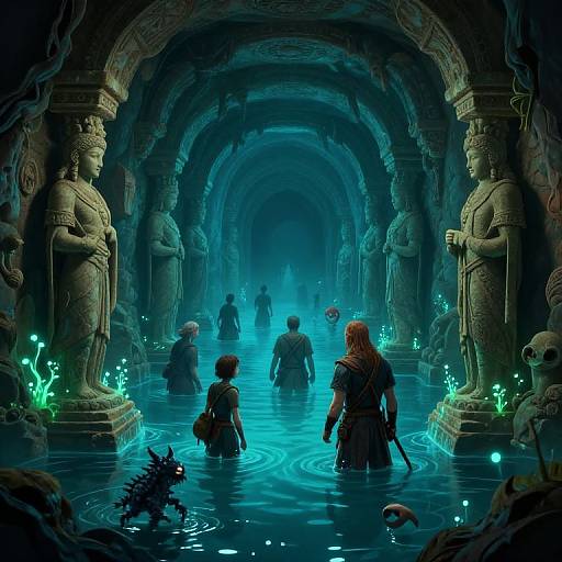 Digital fantasy artwork of a dimly lit, ancient underwater cave with glowing blue bioluminescence. Stone statues line the arched corridor, four figures