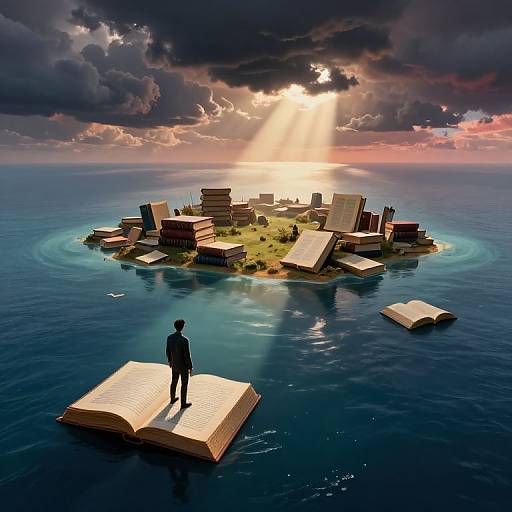 Digital artwork of a silhouetted figure standing on an open book, overlooking a floating island of books surrounded by ocean, under a dramatic, cloud