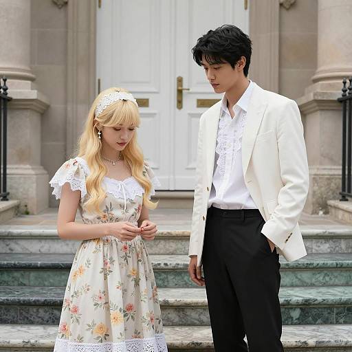 Elegant Encounter on Green Marble Steps